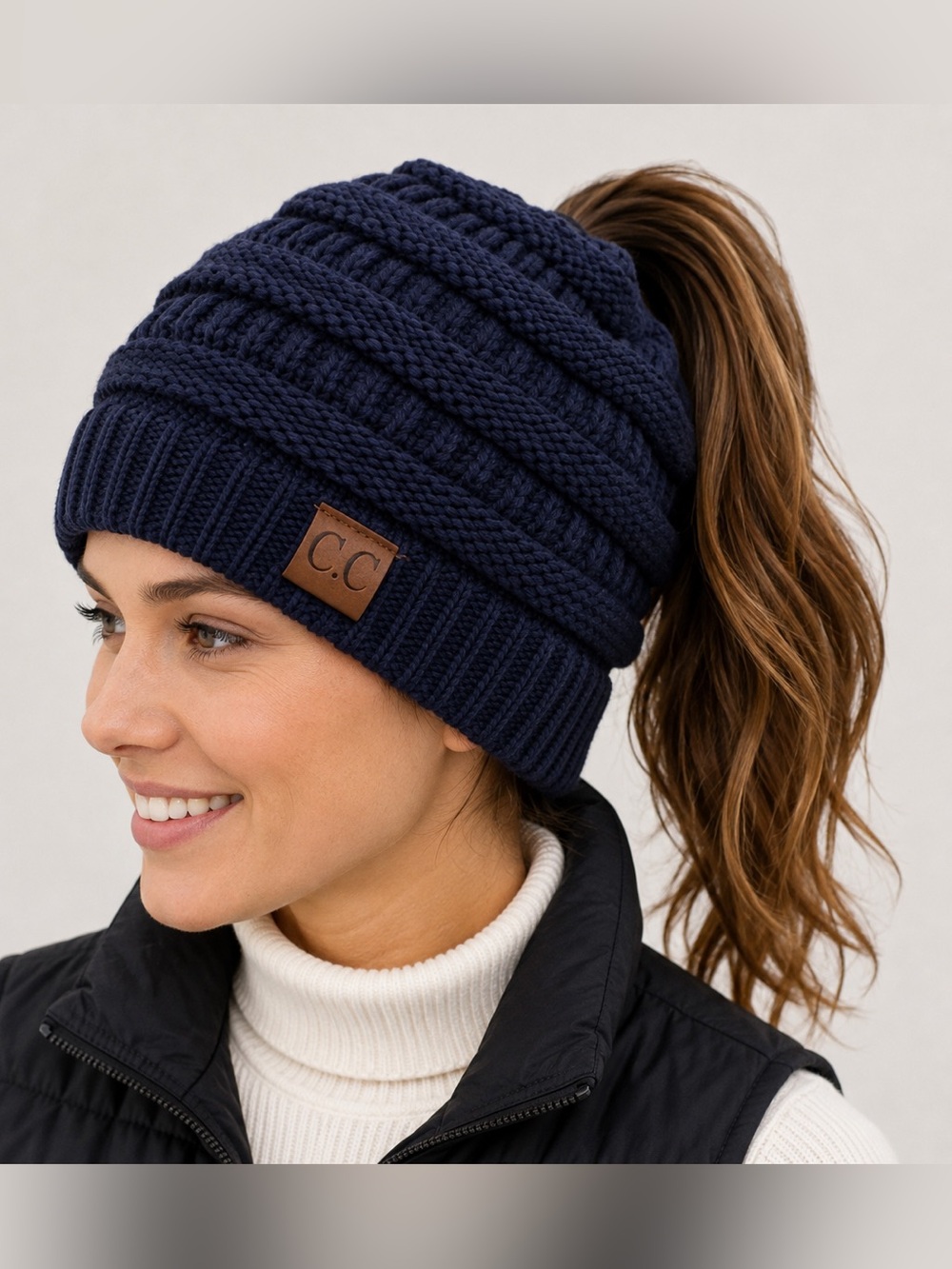 C C Ponytail Beanie Blue Cozy Chunky Cable Knit Messy Bun Hat Nautical Preppy